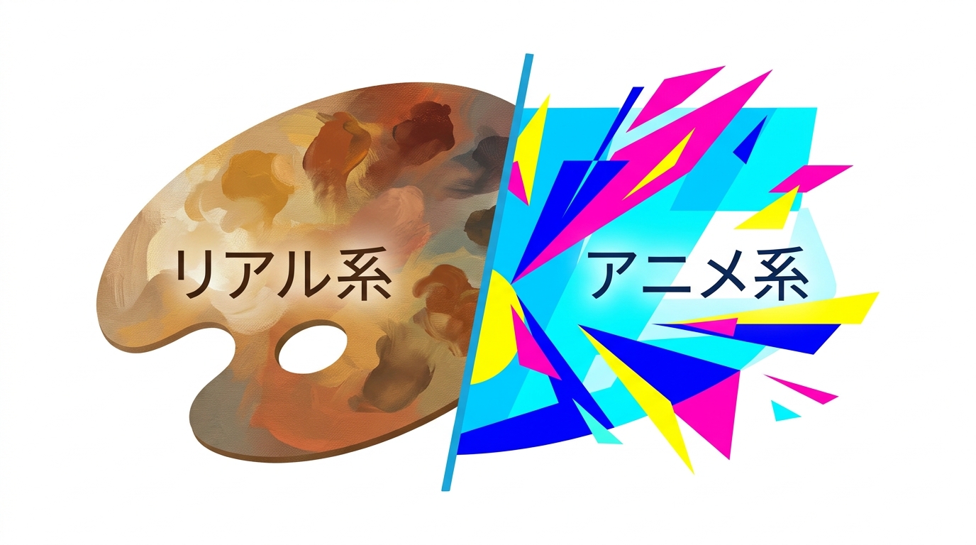 リアル系とアニメ系の生成スタイル比較イメージ