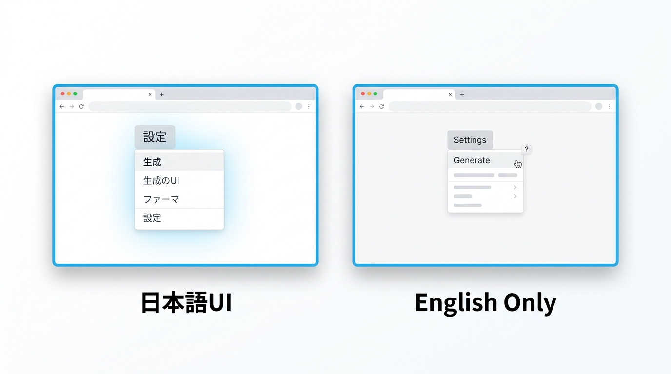日本語UIと英語UIの使いやすさの違いを比較するイラスト