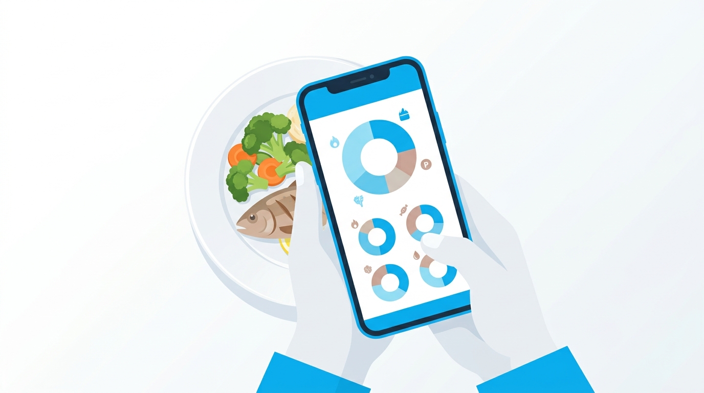 AIダイエットアプリの食事認識の仕組みを示すイラスト