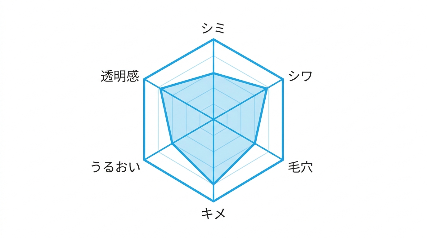 AI肌診断の分析項目をレーダーチャートで示すイラスト