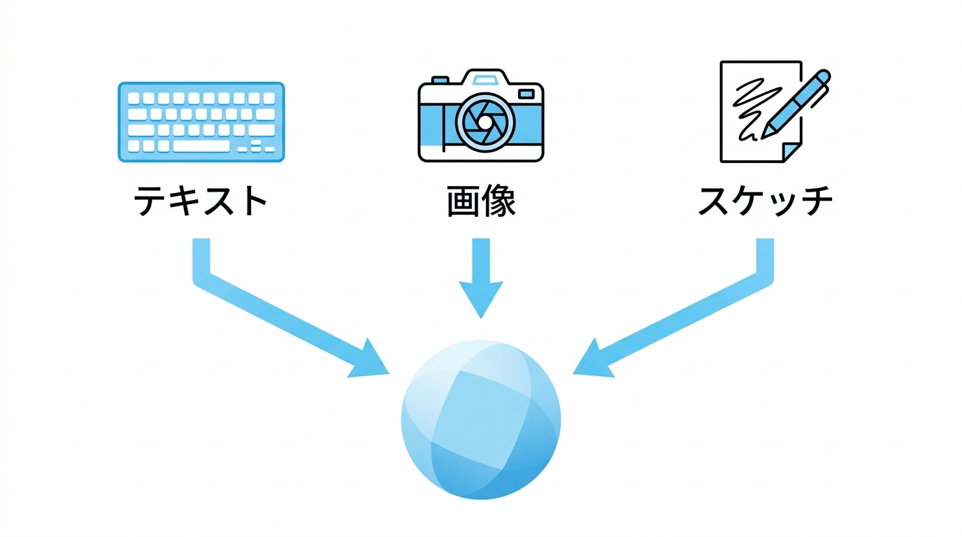 3Dモデル生成AIの入力方法を比較するイラスト