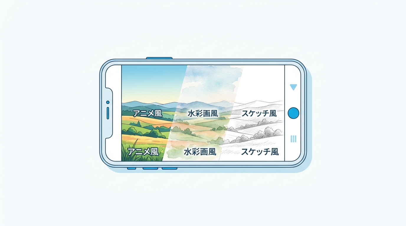 AIフィルターの概念を示すイラスト。写真がアニメ風・水彩画風・スケッチ風に変換される様子