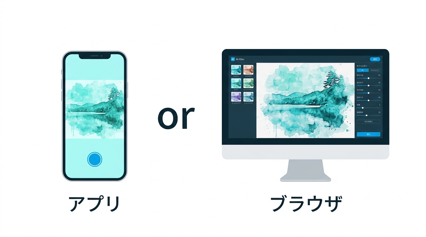 AIフィルターのアプリ型とブラウザ型の違いを示す比較イラスト