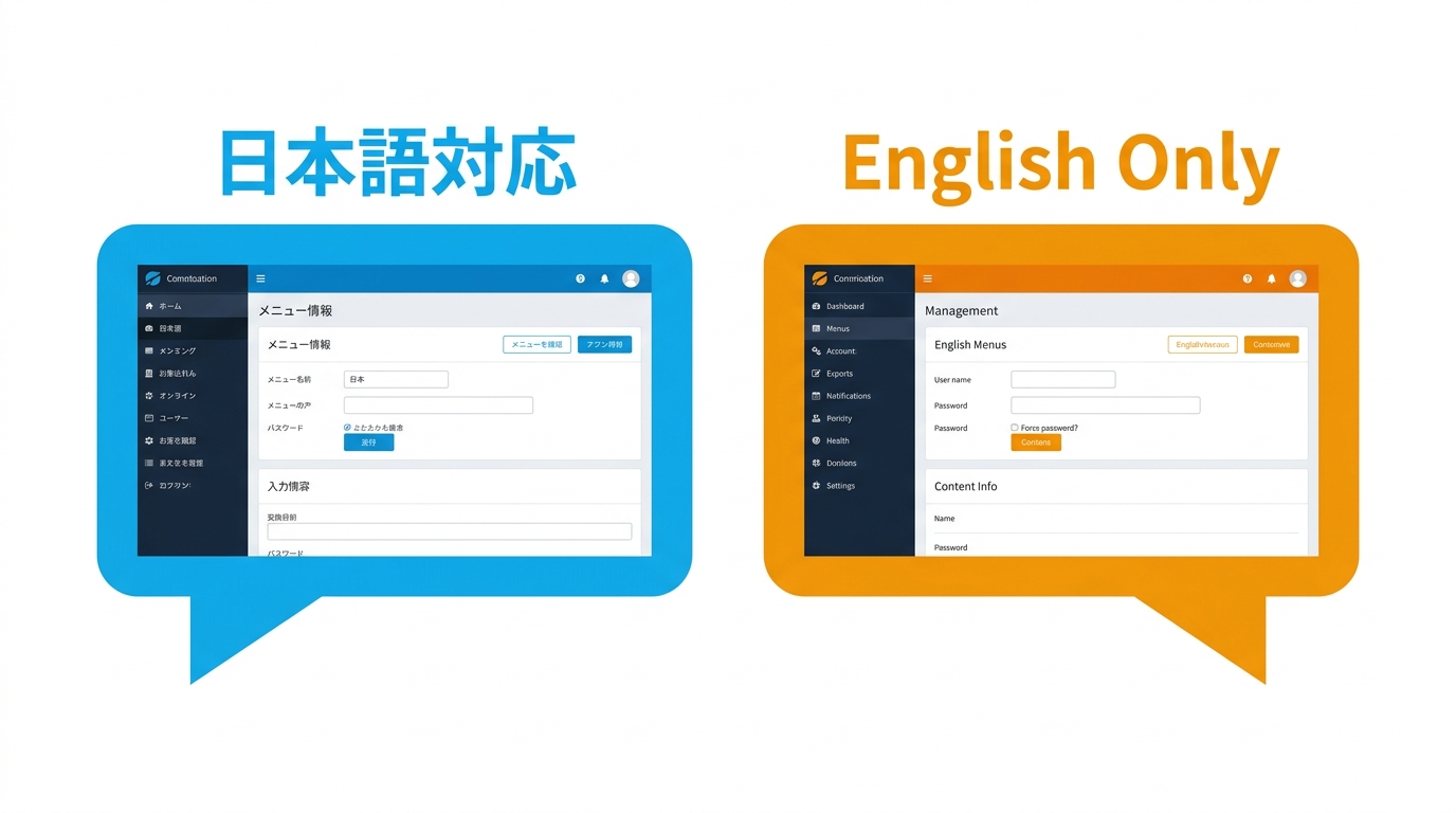 日本語対応と英語のみの管理画面を比較するイラスト