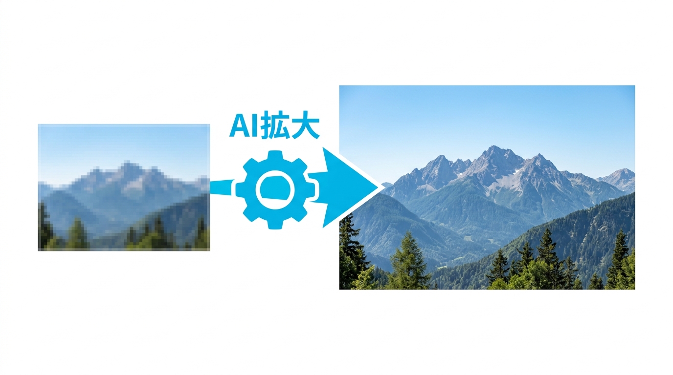 AI画像拡大ツールの仕組みを示すイラスト