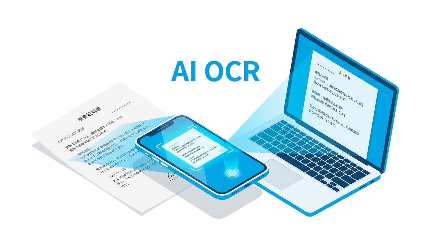 AI OCRで紙の書類をテキスト化する様子のイラスト