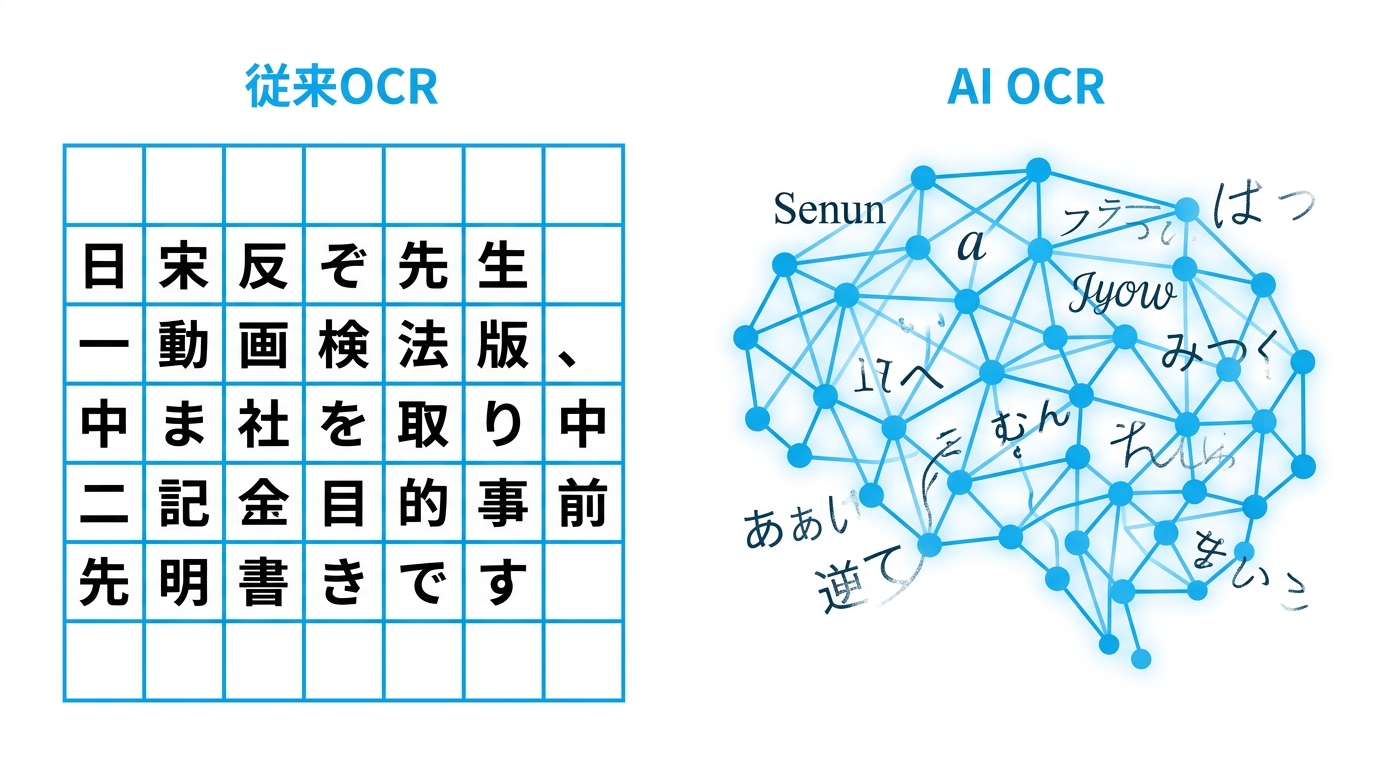 AI OCRと従来OCRの仕組みの違いを対比したイラスト