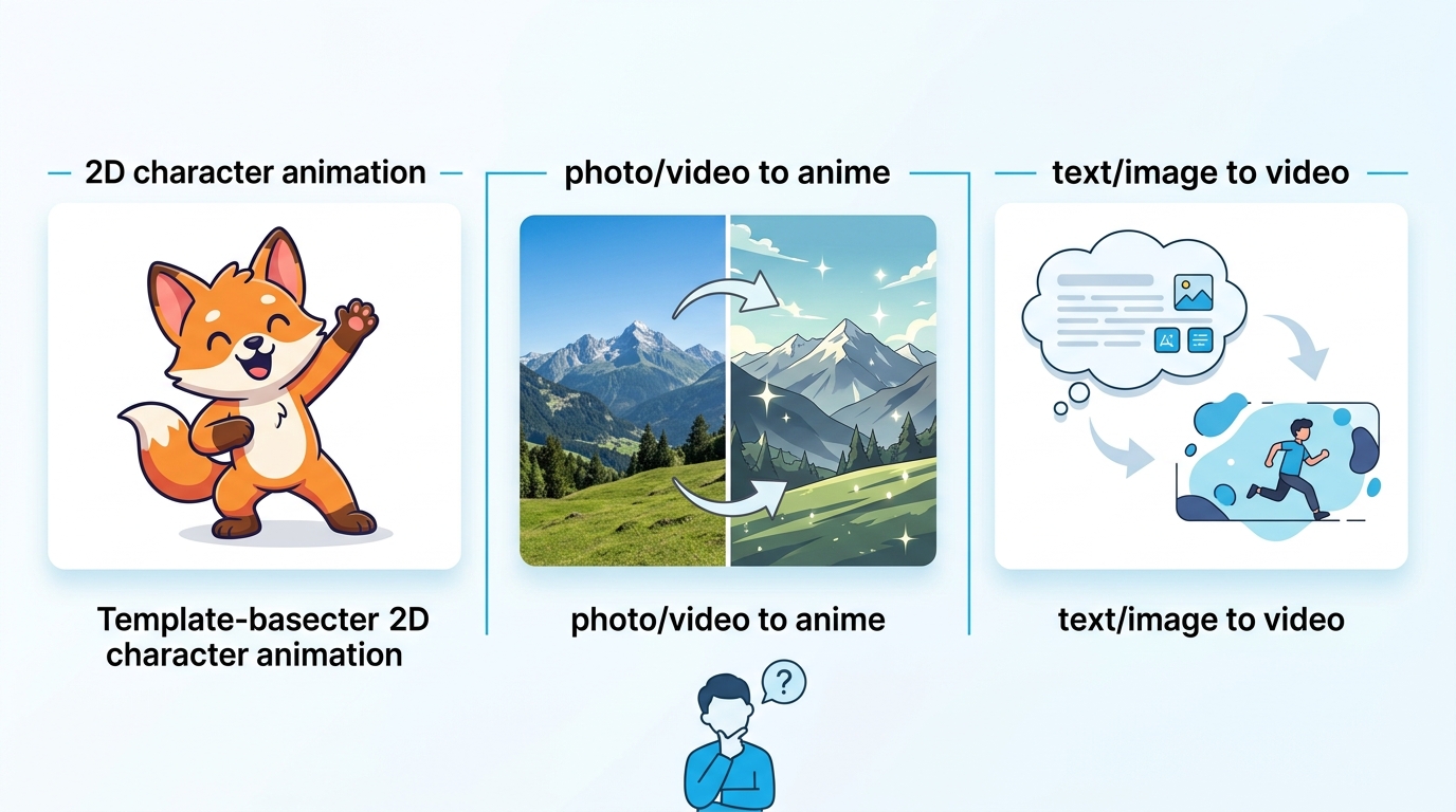 AIアニメーションのタイプ別の違いを比較するイラスト