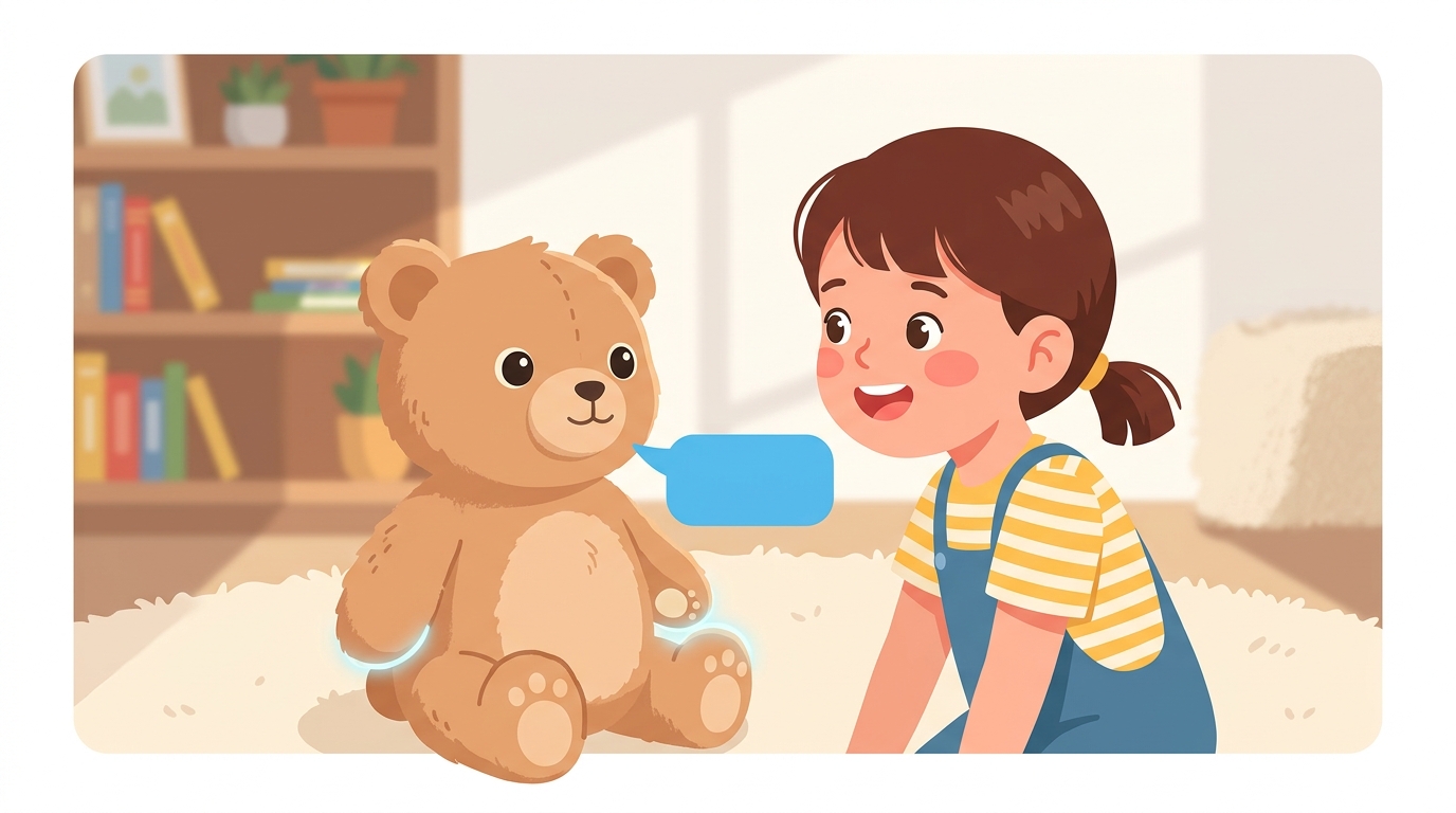 AIぬいぐるみと子供が会話しているイラスト