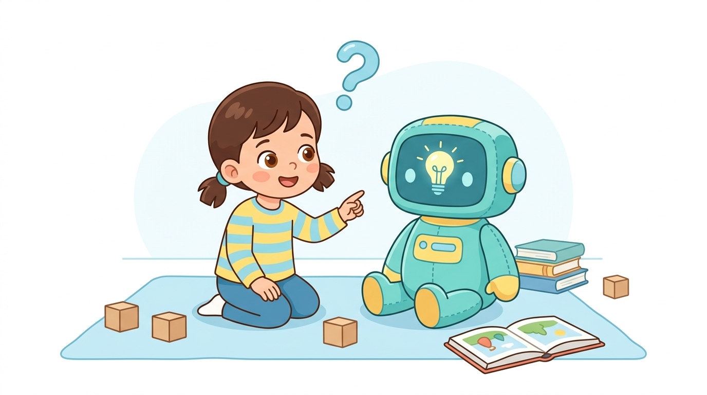 AIぬいぐるみを知育パートナーとして活用するイラスト