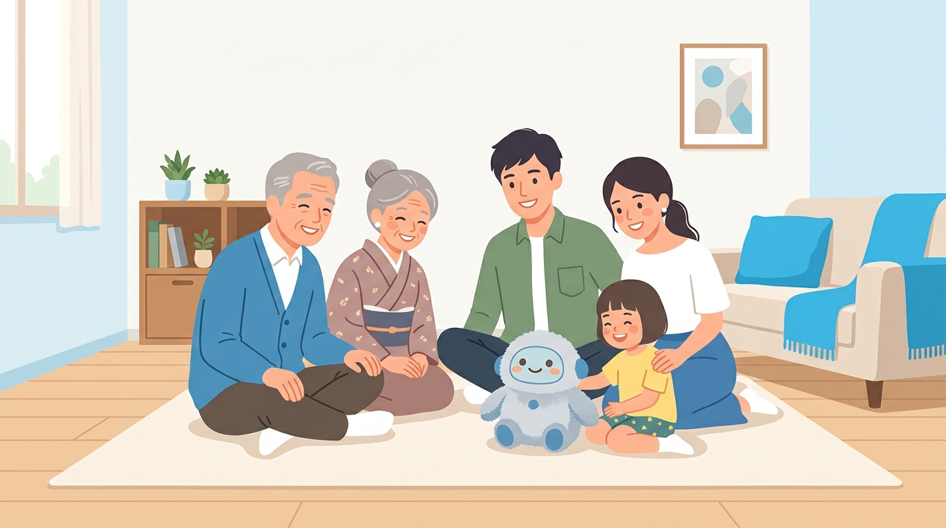 家族がAIぬいぐるみを囲むほのぼのとしたイラスト