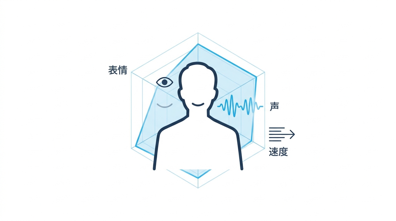 AIが表情・声・速度を多角的に分析するイメージのイラスト