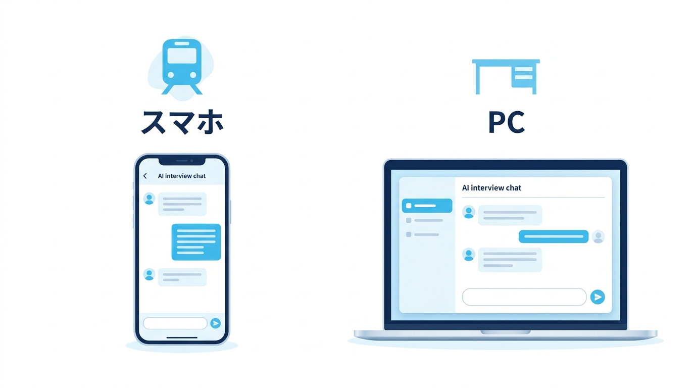 スマホとPCで面接練習AIを使う場面の比較イラスト