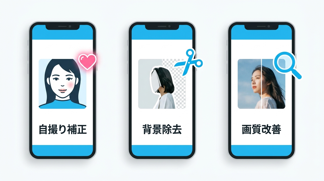 目的別AI写真加工アプリの選び方イラスト