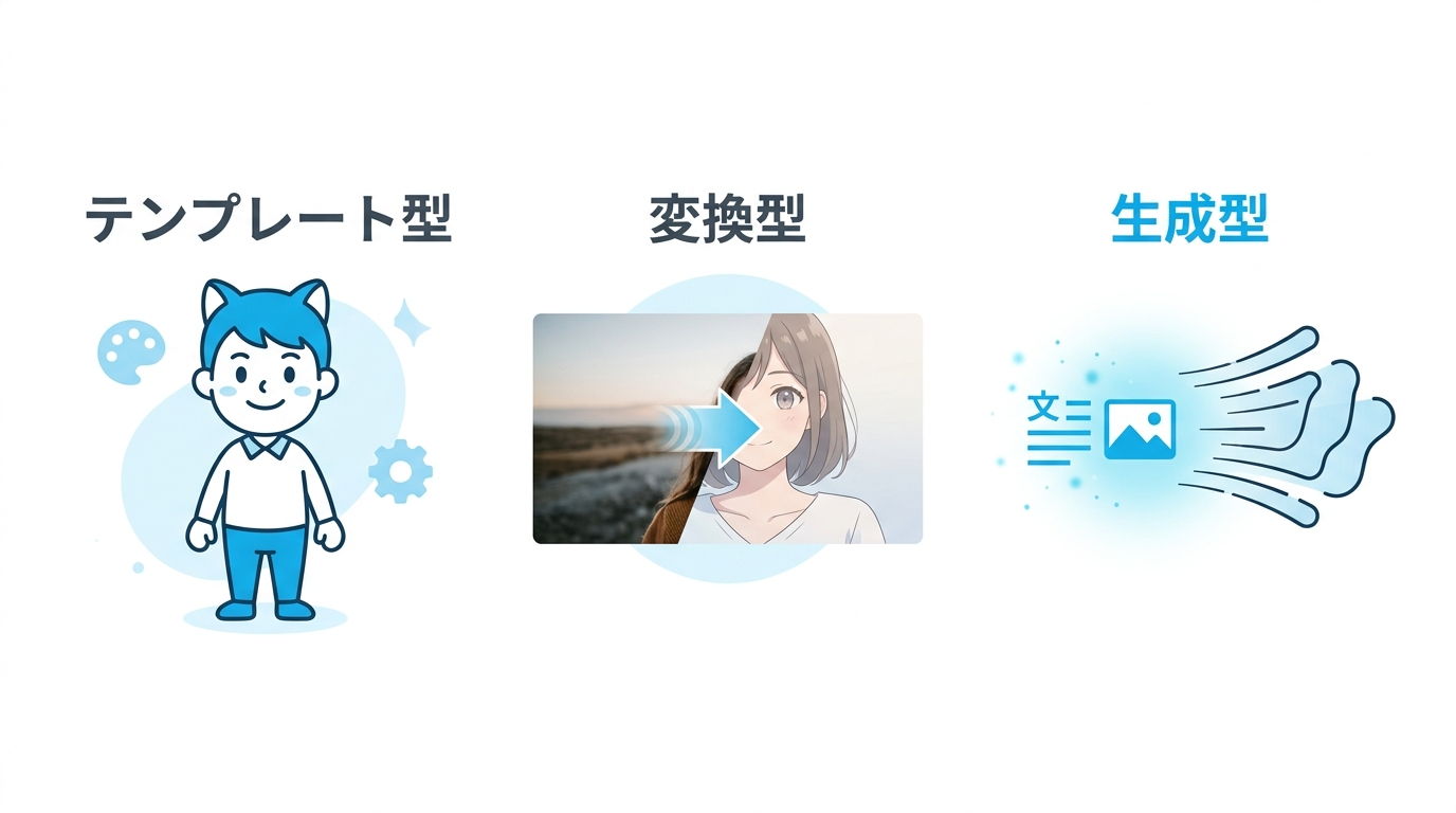 AIアニメーションの3つのタイプを比較するイラスト