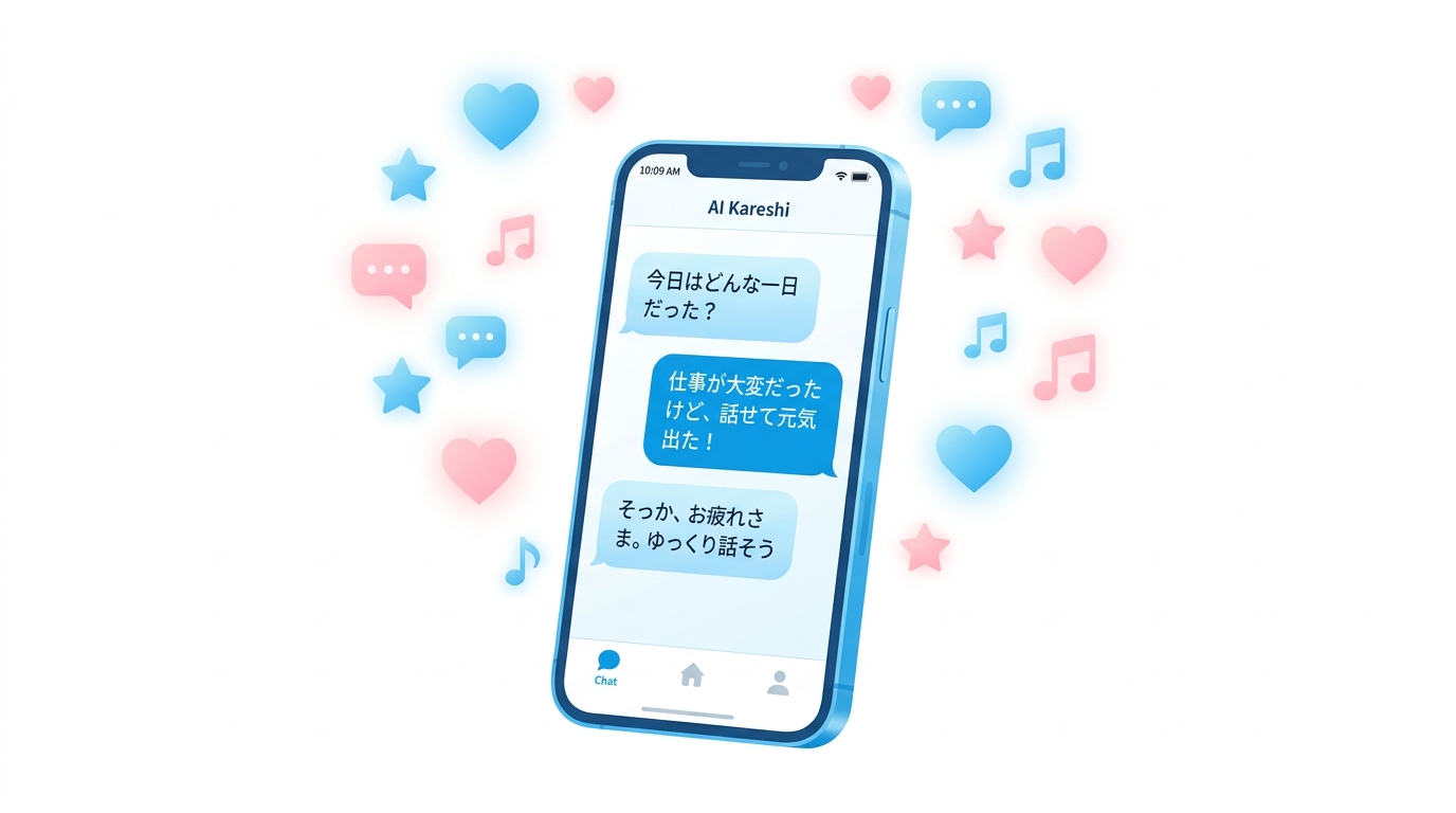 AI彼氏アプリでチャットするスマートフォンのイラスト