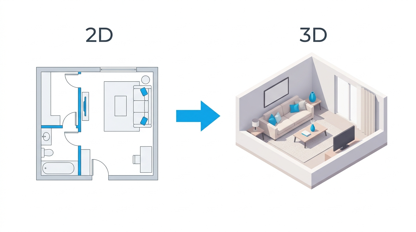 2D間取り図を3D表示に変換するイラスト
