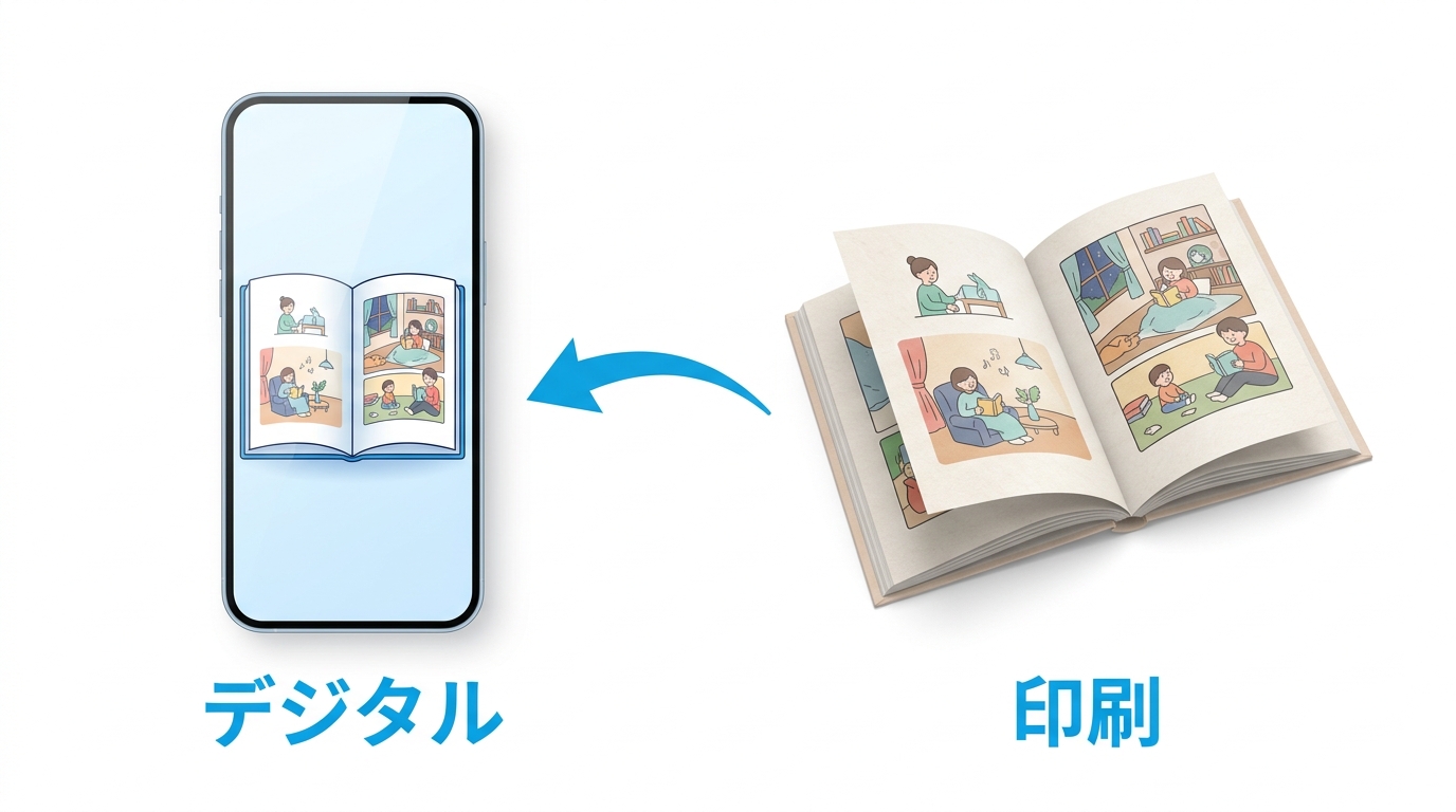 AI絵本のデジタルと印刷の出力形式を示すイラスト