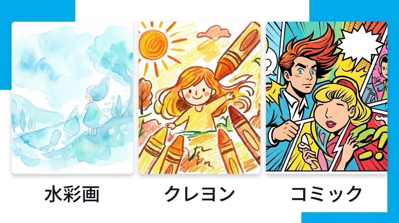 AI絵本の画風の違いを比較するイラスト