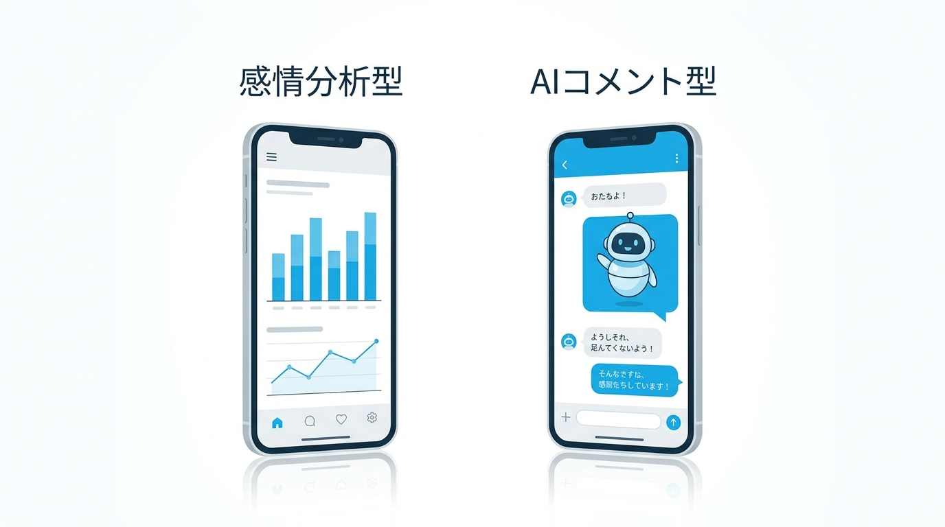 感情分析型とAIコメント型の2つの機能タイプを比較するイラスト