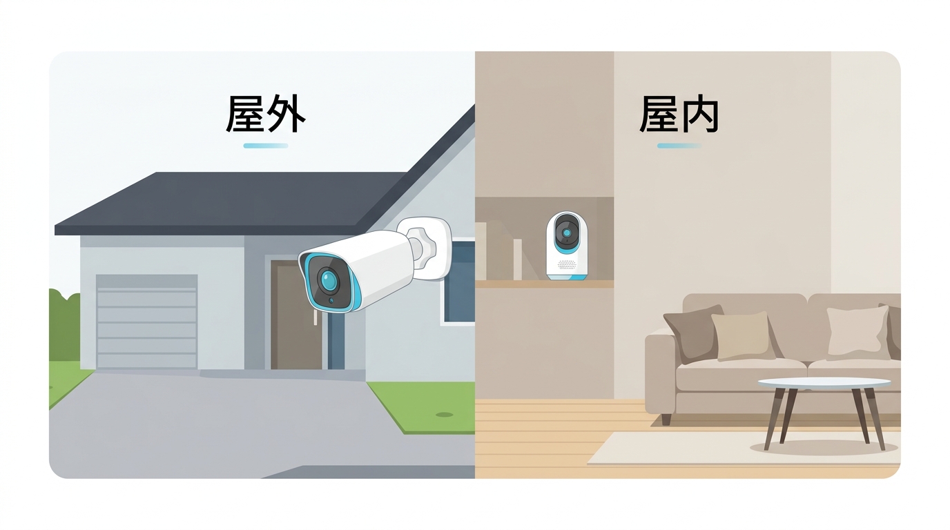 屋内用と屋外用AI防犯カメラの比較イラスト