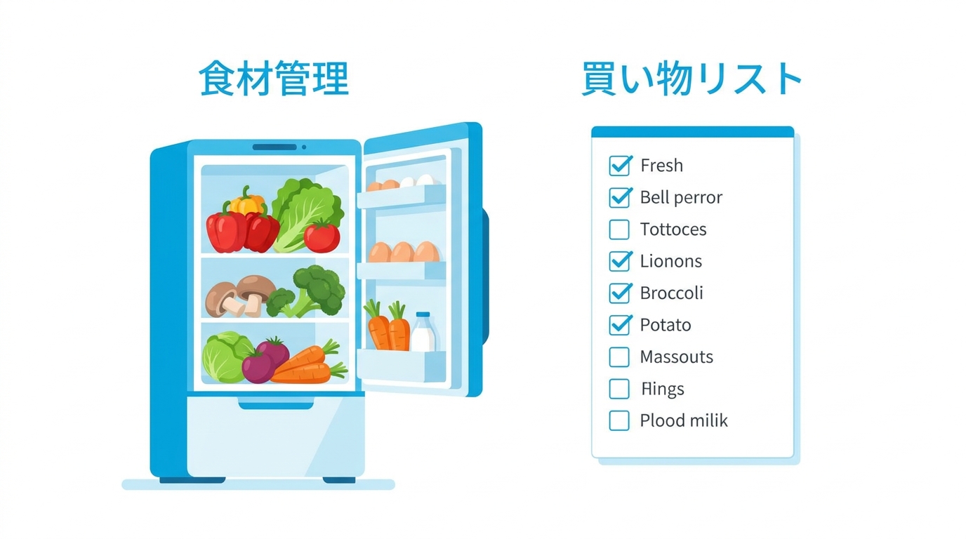 食材管理と買い物リスト機能のイラスト