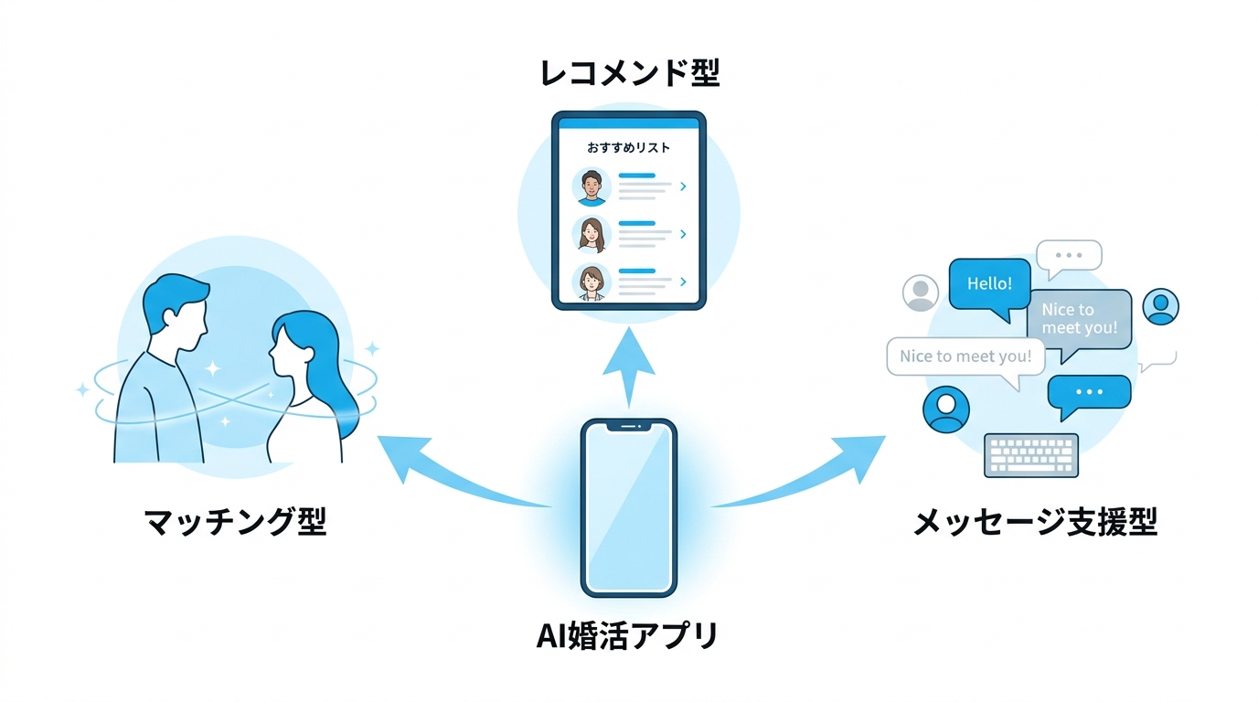 AIマッチング型・レコメンド型・メッセージ支援型の3タイプを比較するイラスト