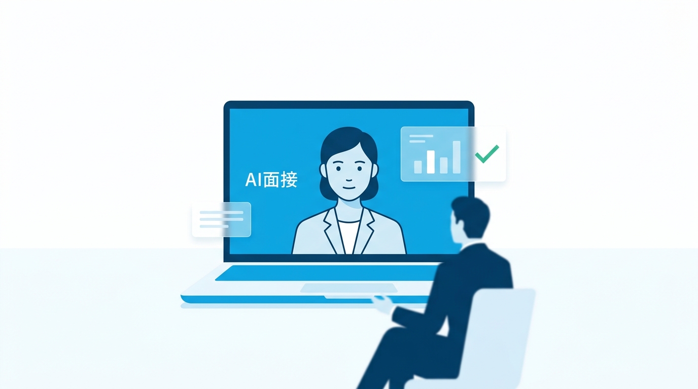 AI面接の概要を示すイラスト。ノートパソコンでAIアバターと面接するシーン