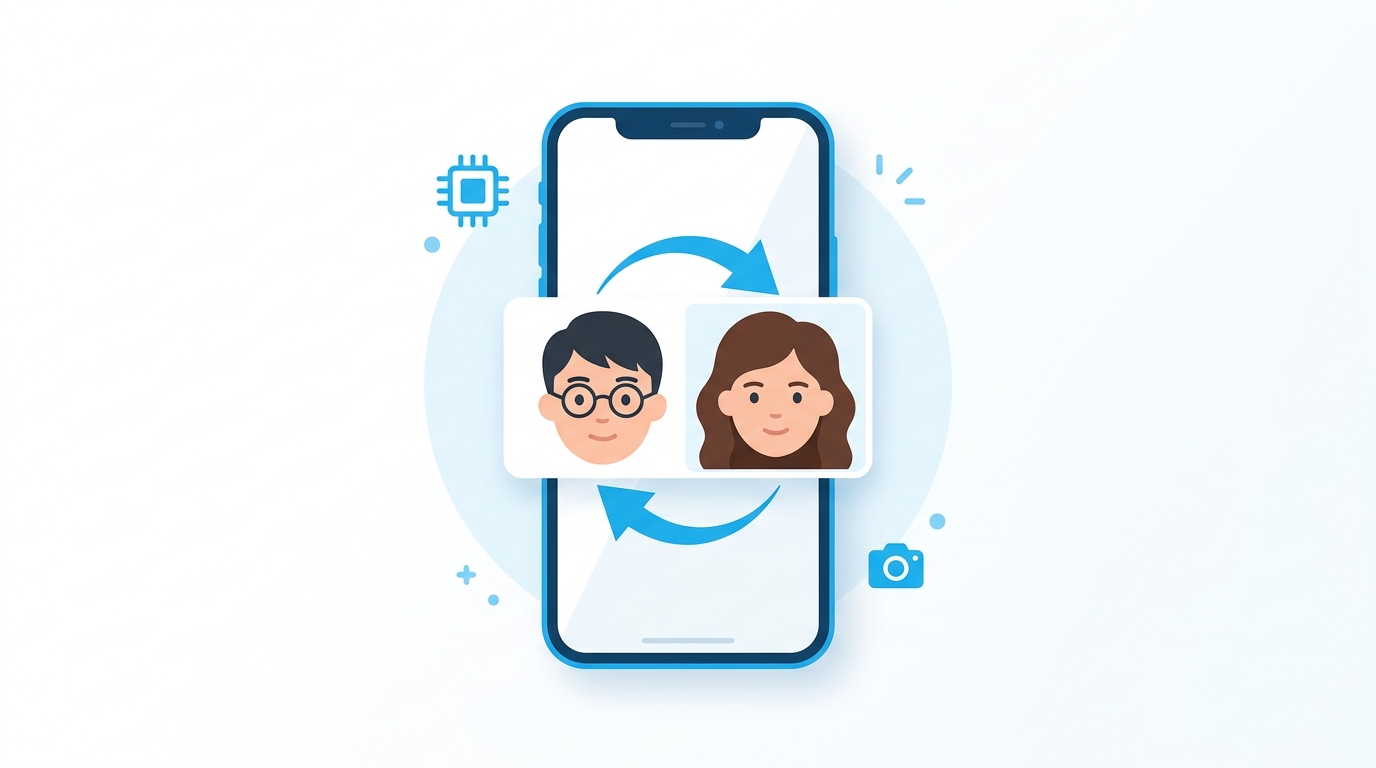 AI顔交換アプリの仕組みを示すイラスト