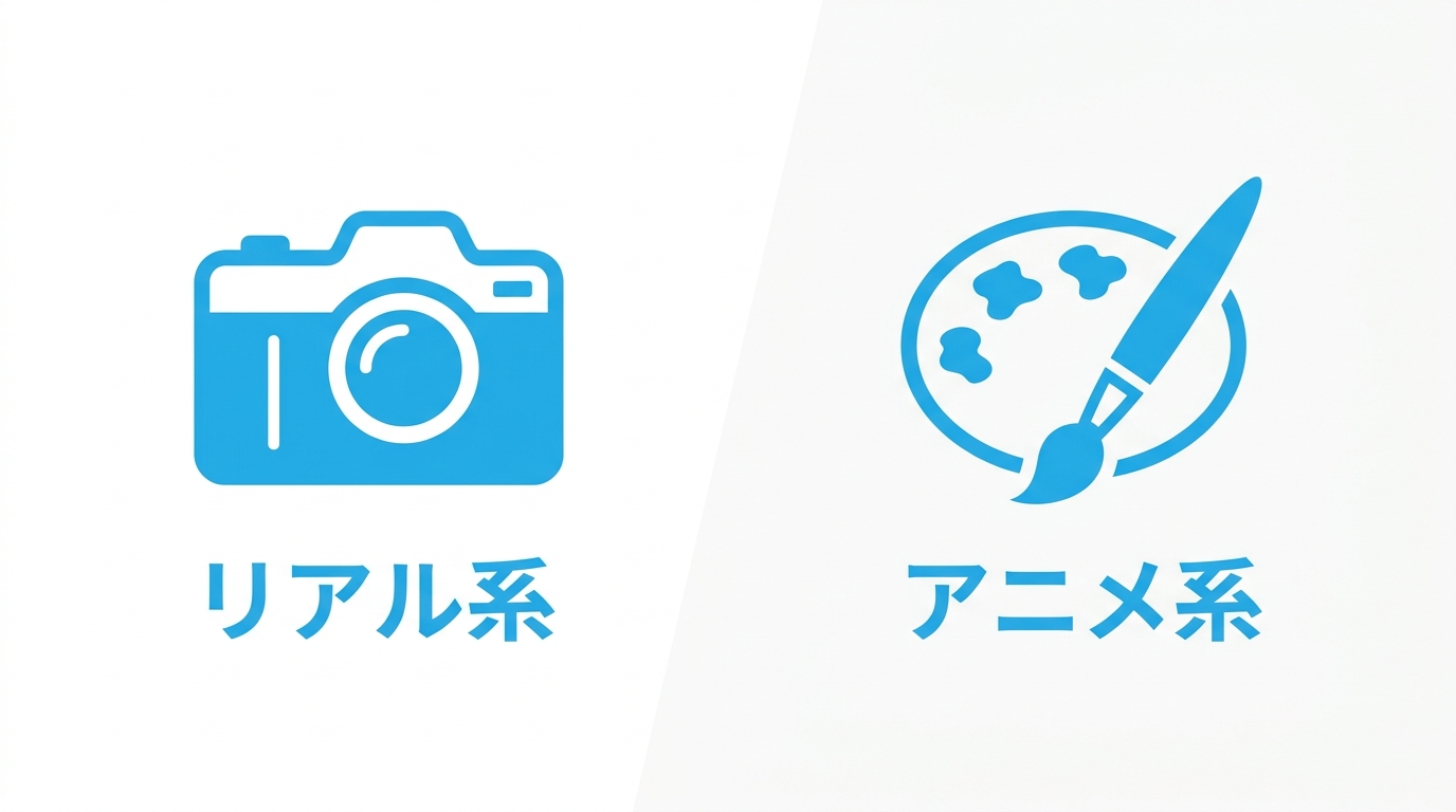 リアル系とアニメ系の画風を比較するイラスト