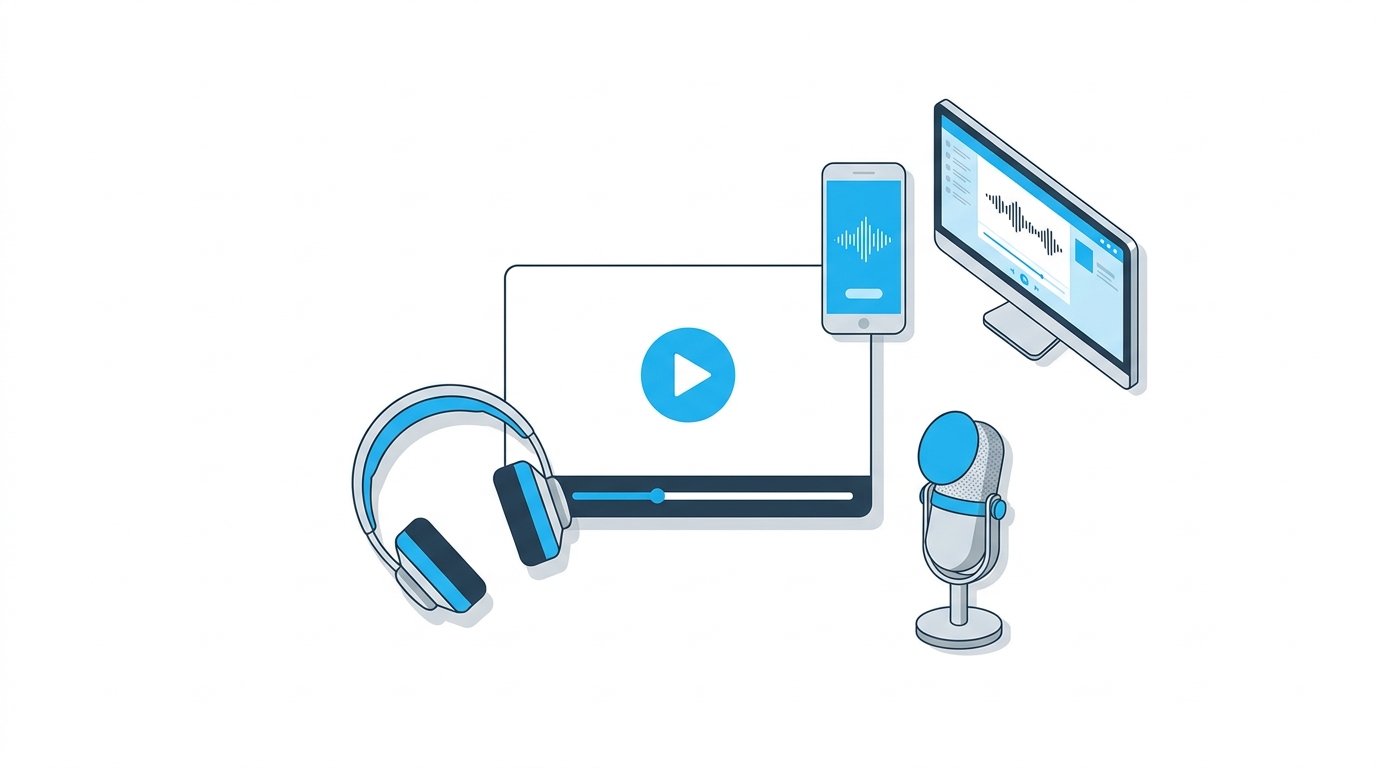 AI音声生成の活用シーンを示すイラスト