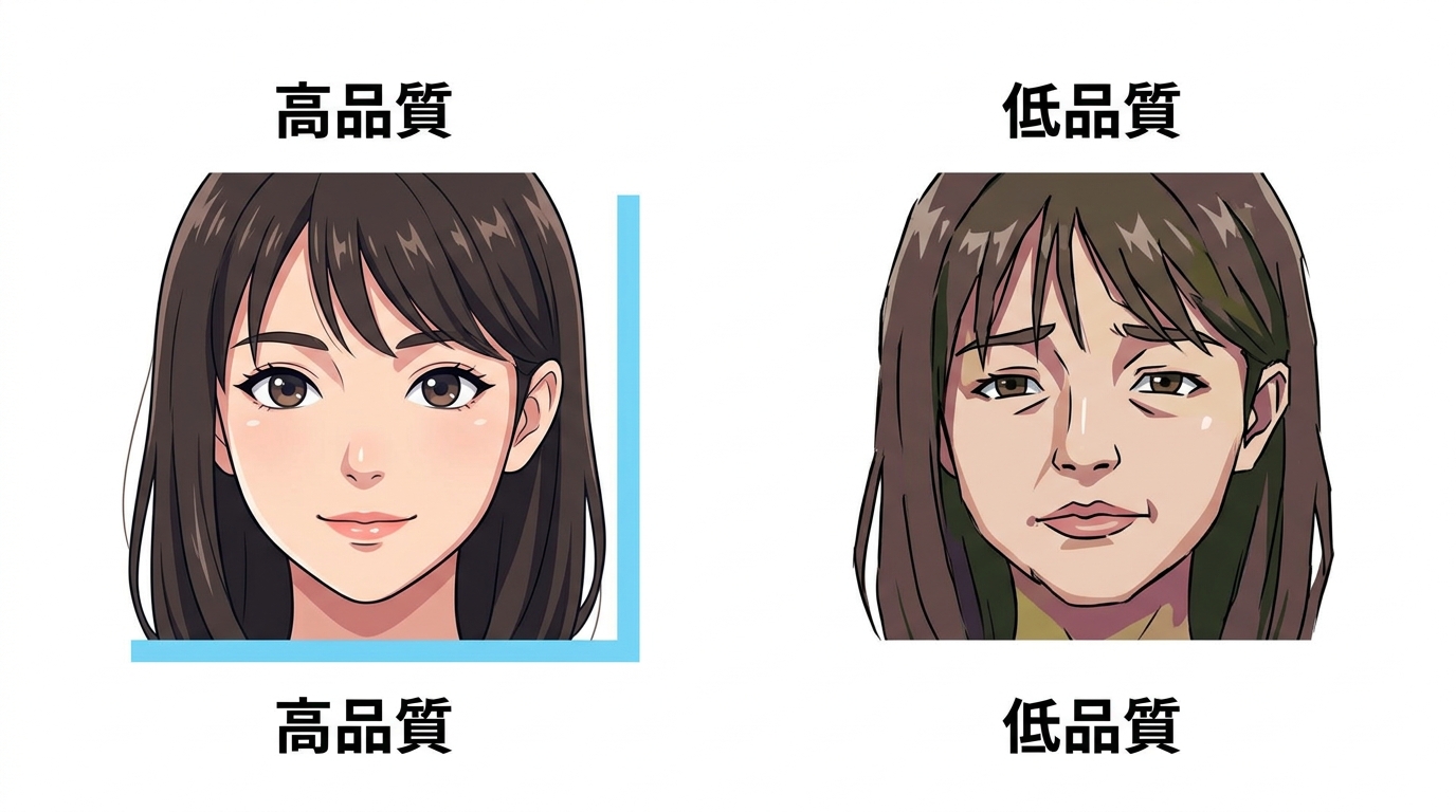 変換後の画質と自然さの違いを示すイラスト
