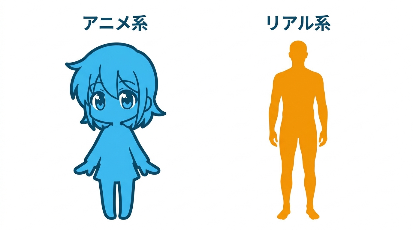 アニメ系とリアル系の画像スタイルを比較するイラスト