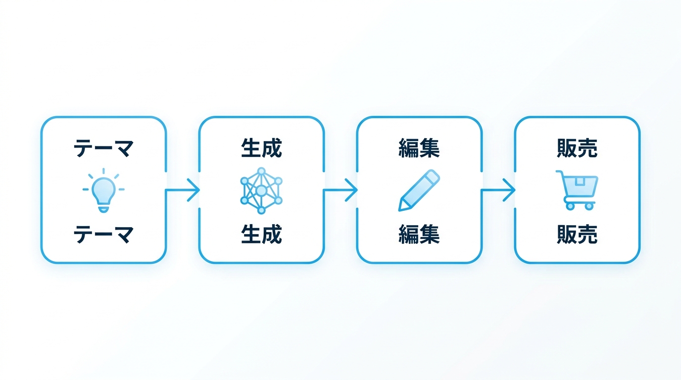 AI同人誌の制作から販売までの流れを示すイラスト
