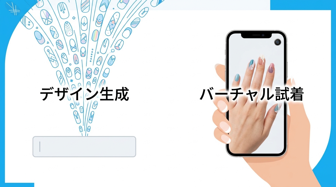 AIネイルのデザイン生成型とバーチャル試着型の比較イラスト