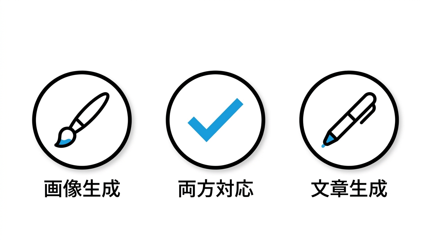 AI年賀状の画像生成と文章生成の対応範囲を比較するイラスト