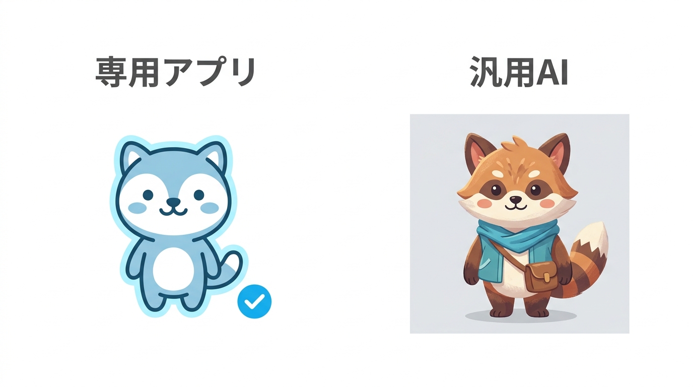LINEスタンプ作成の専用アプリと汎用AIの違いを比較するイラスト