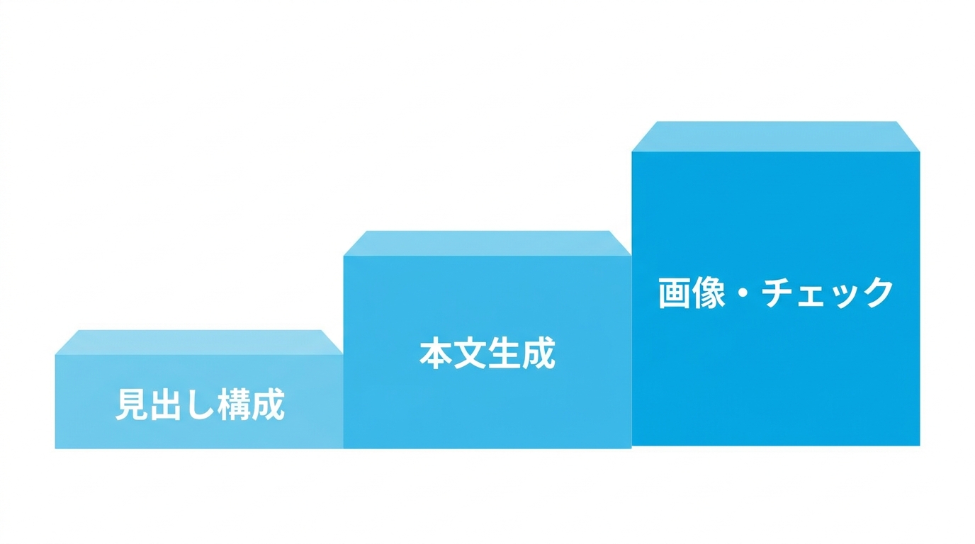 AI記事生成の対応範囲を段階的に示すイラスト