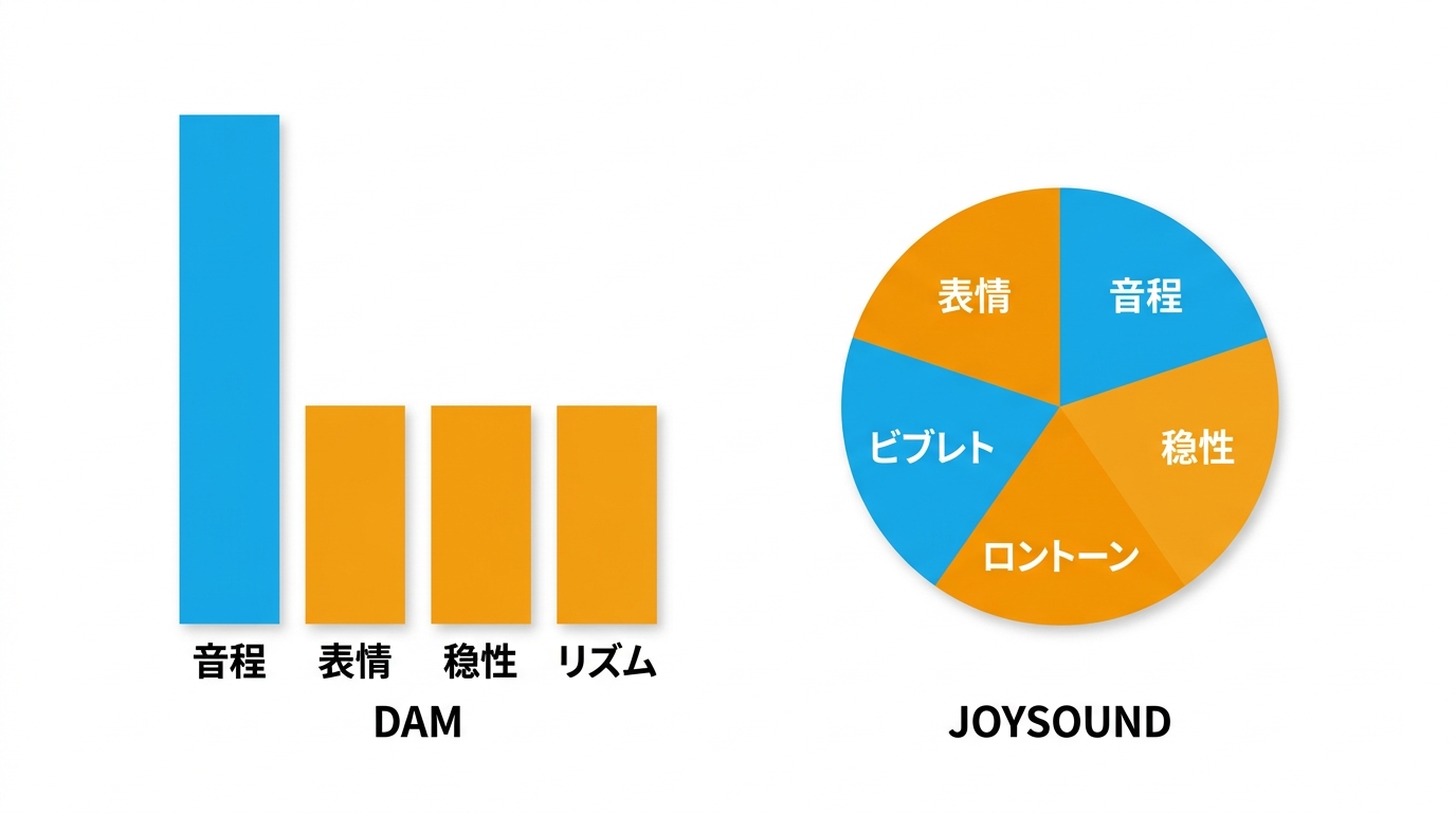DAMとJOYSOUNDの配点バランスの違いを示すイラスト