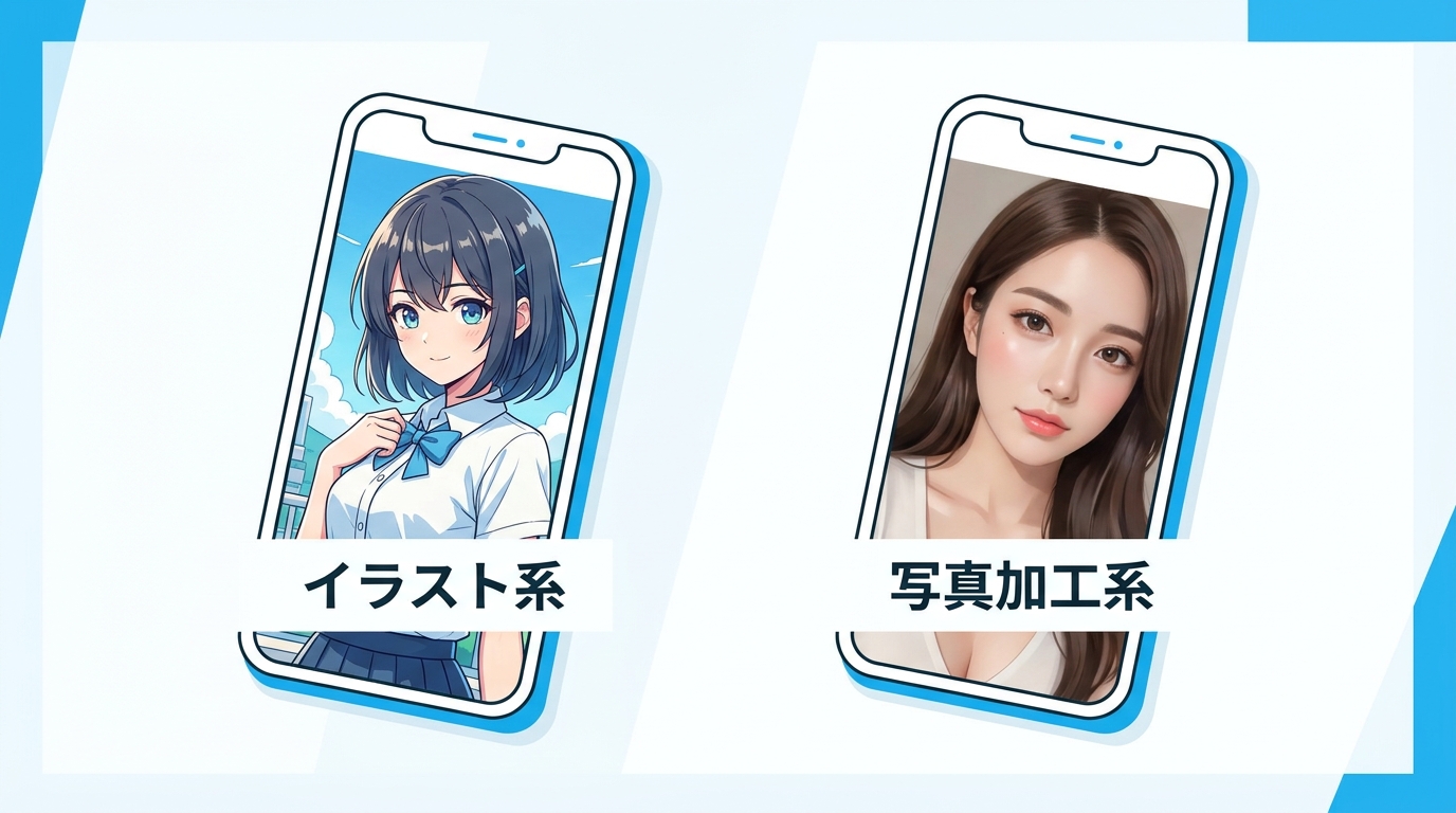 AI画像生成アプリの生成スタイル比較を示すイラスト