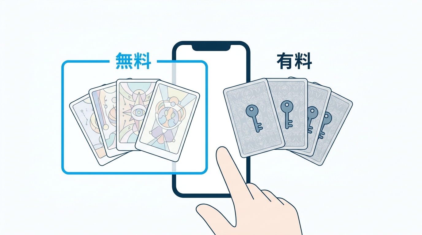 AI占いアプリの無料と有料の範囲を比較するイラスト