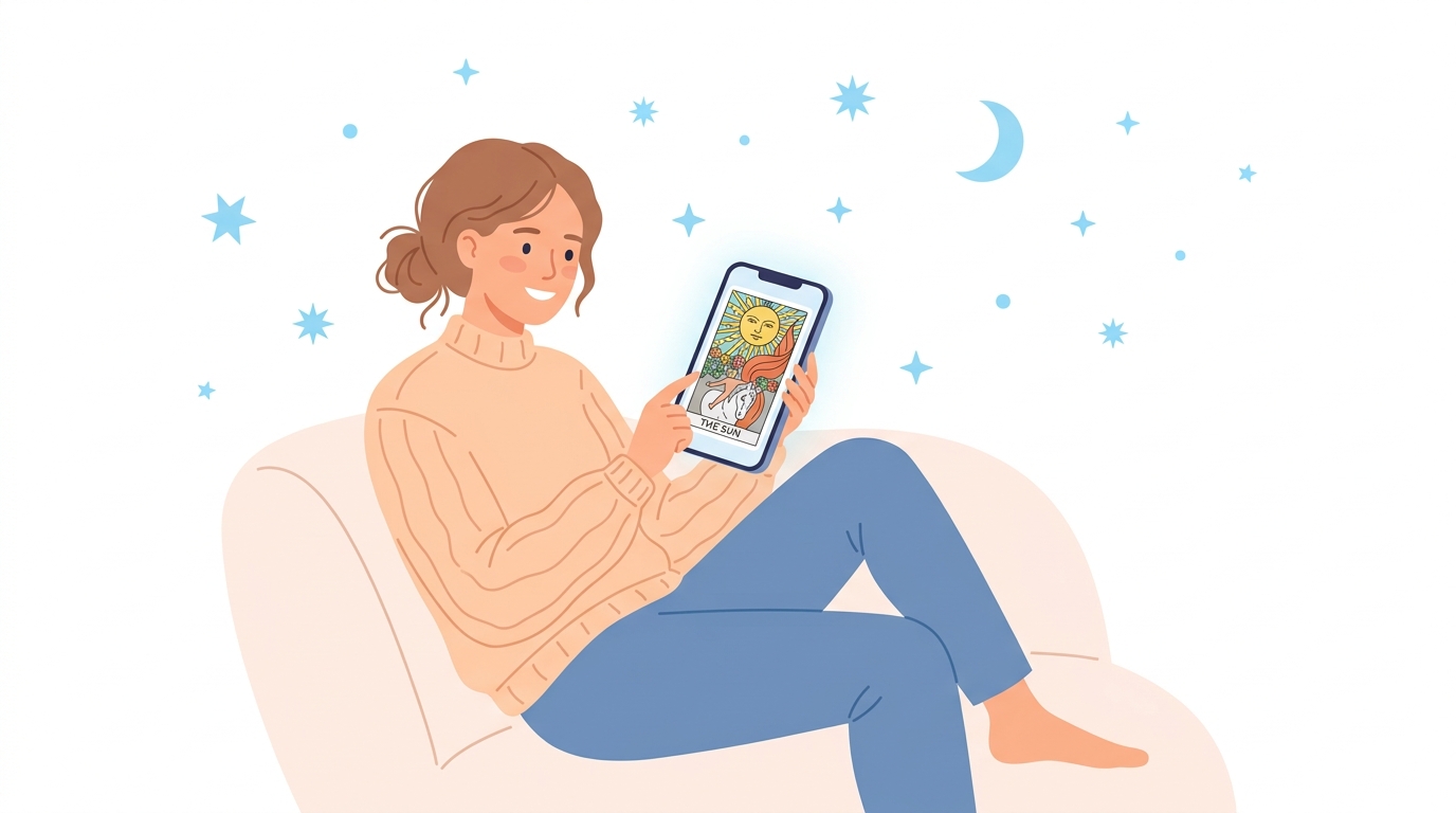 スマホでAI占いアプリを気軽に楽しむ様子のイラスト