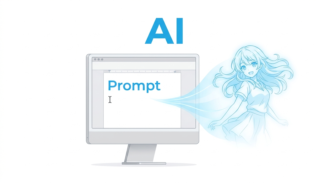 AIプロンプトからアニメ風イラストが生成される様子を示すイラスト