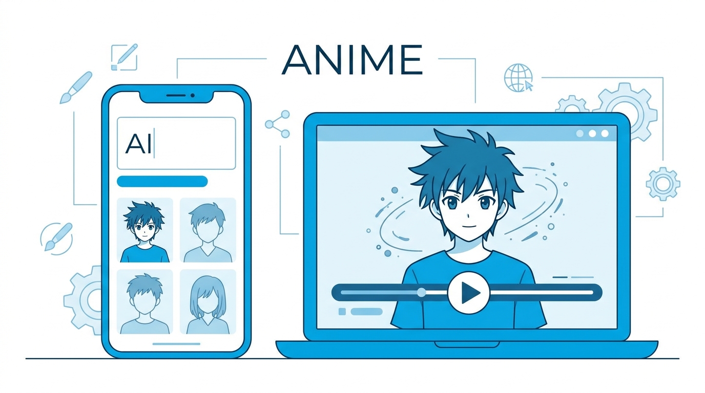 AIがテキストからアニメ動画を自動生成する仕組みを示すイラスト