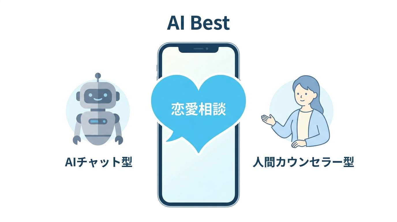 恋愛相談アプリのAIチャット型と人間カウンセラー型の2種類を示すイラスト
