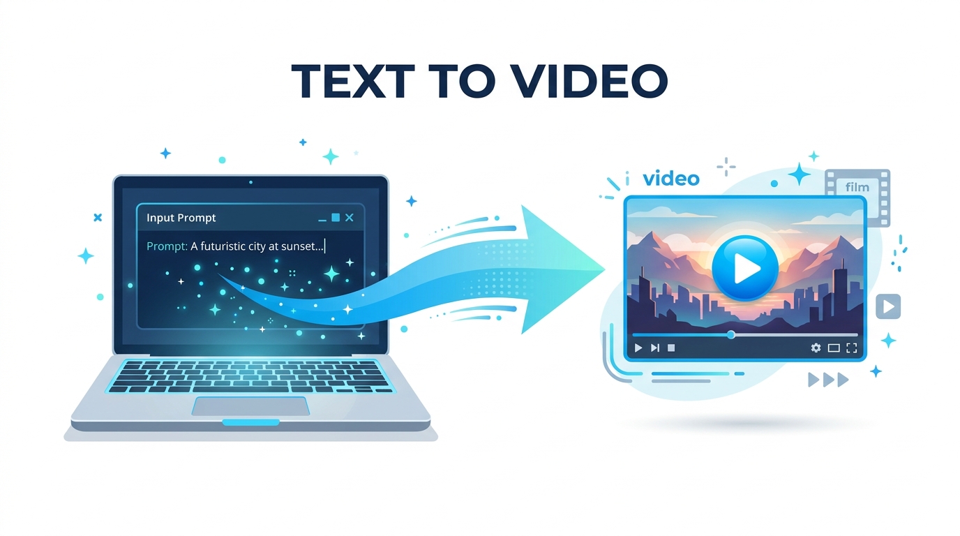 Text to Videoでテキストから動画を生成する流れを示すイラスト
