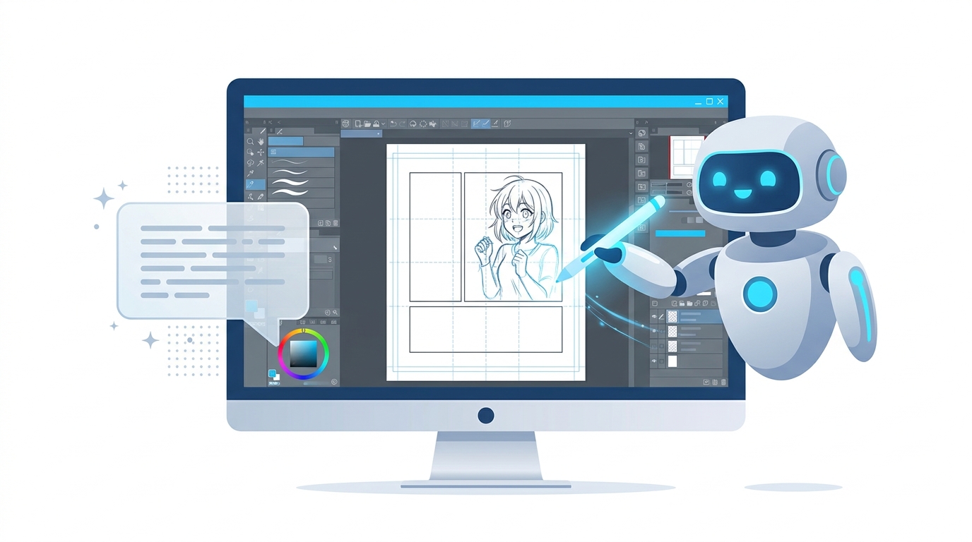 AIロボットがパソコン画面上で漫画のコマにキャラクターを描き込んでいるイラスト