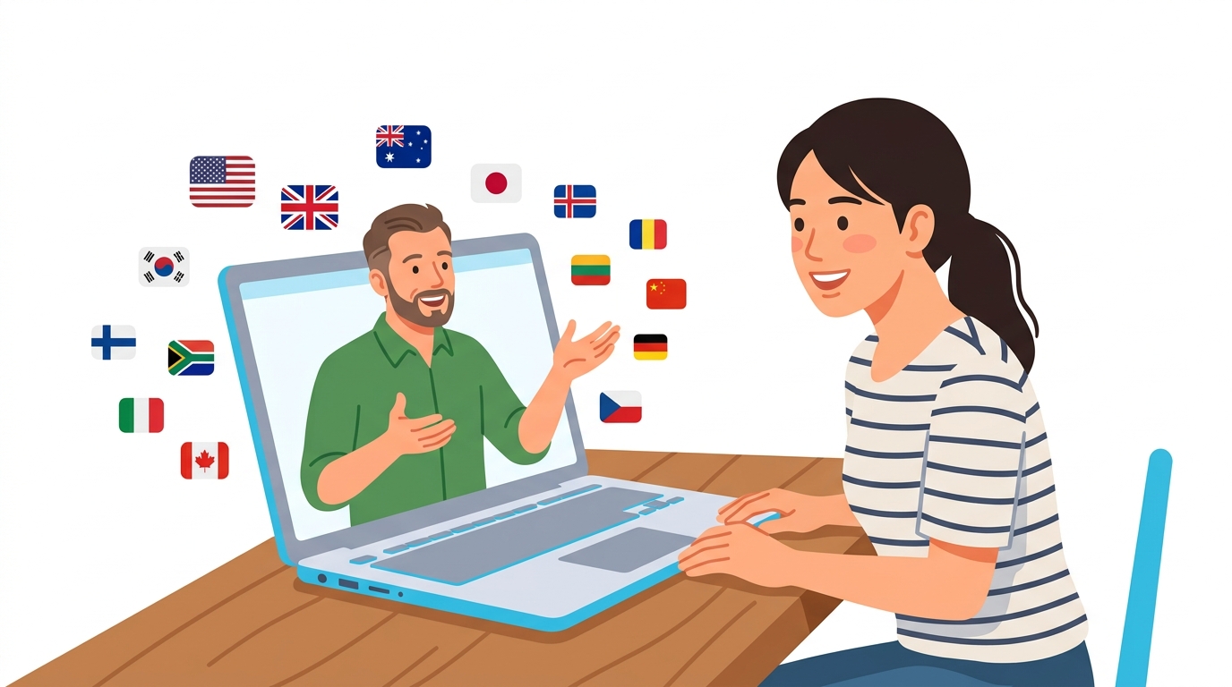 オンライン英会話で多国籍の講師とビデオ通話している様子のイラスト