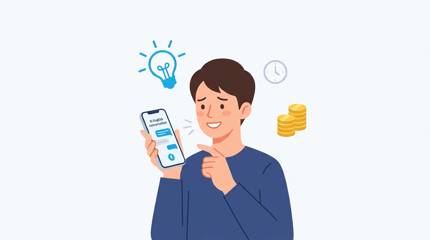 AI英会話アプリで初心者が気楽に英語学習を始める様子のイラスト