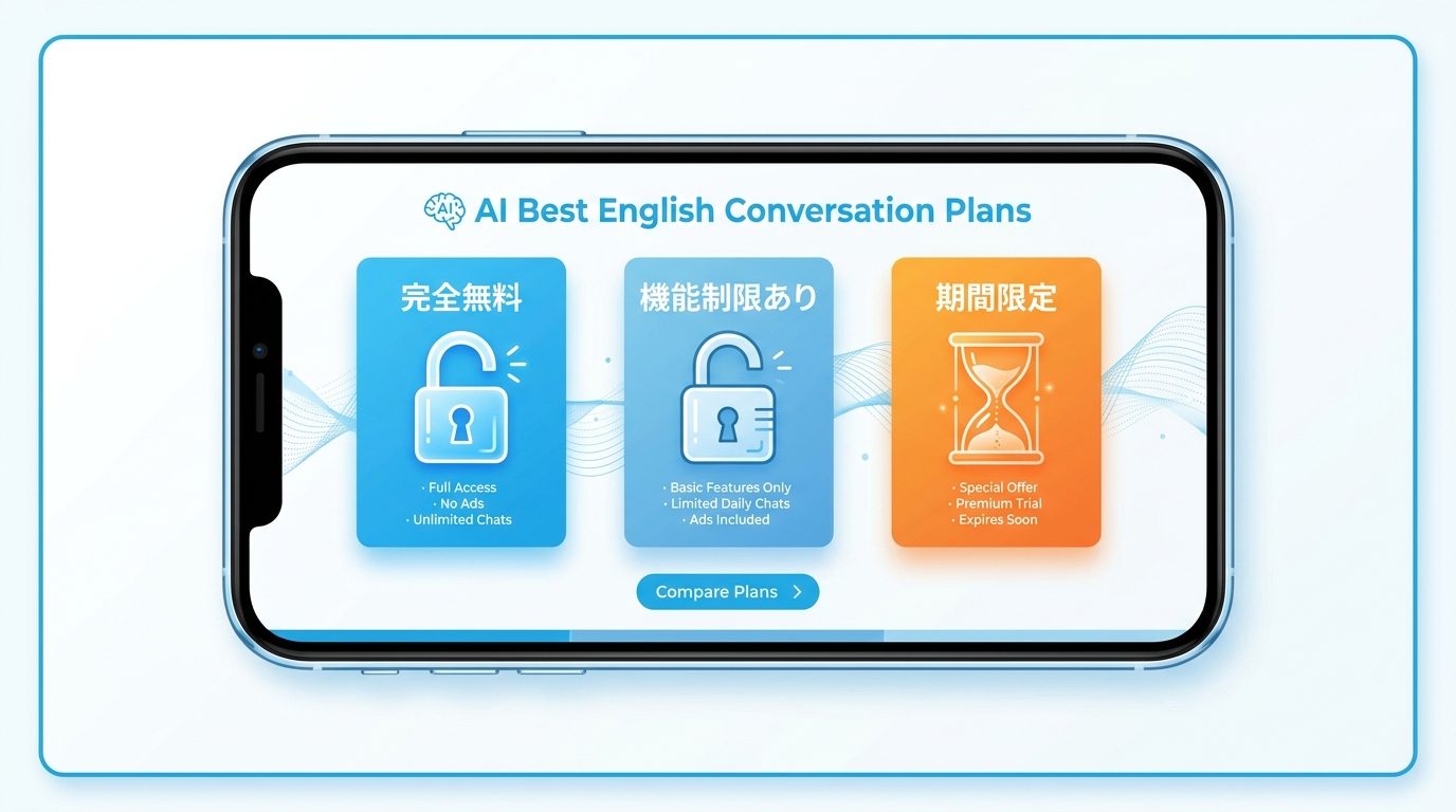 AI英会話アプリの無料3タイプ（完全無料・機能制限あり・期間限定）を比較するイラスト